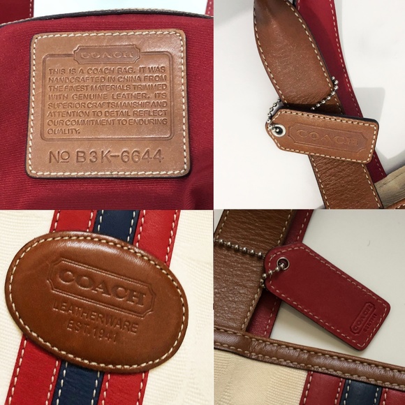 Vintage Coach Bag Tote Signature Stripe Canvas and Leather Shopper Tote #6644 - Picture 6 of 8